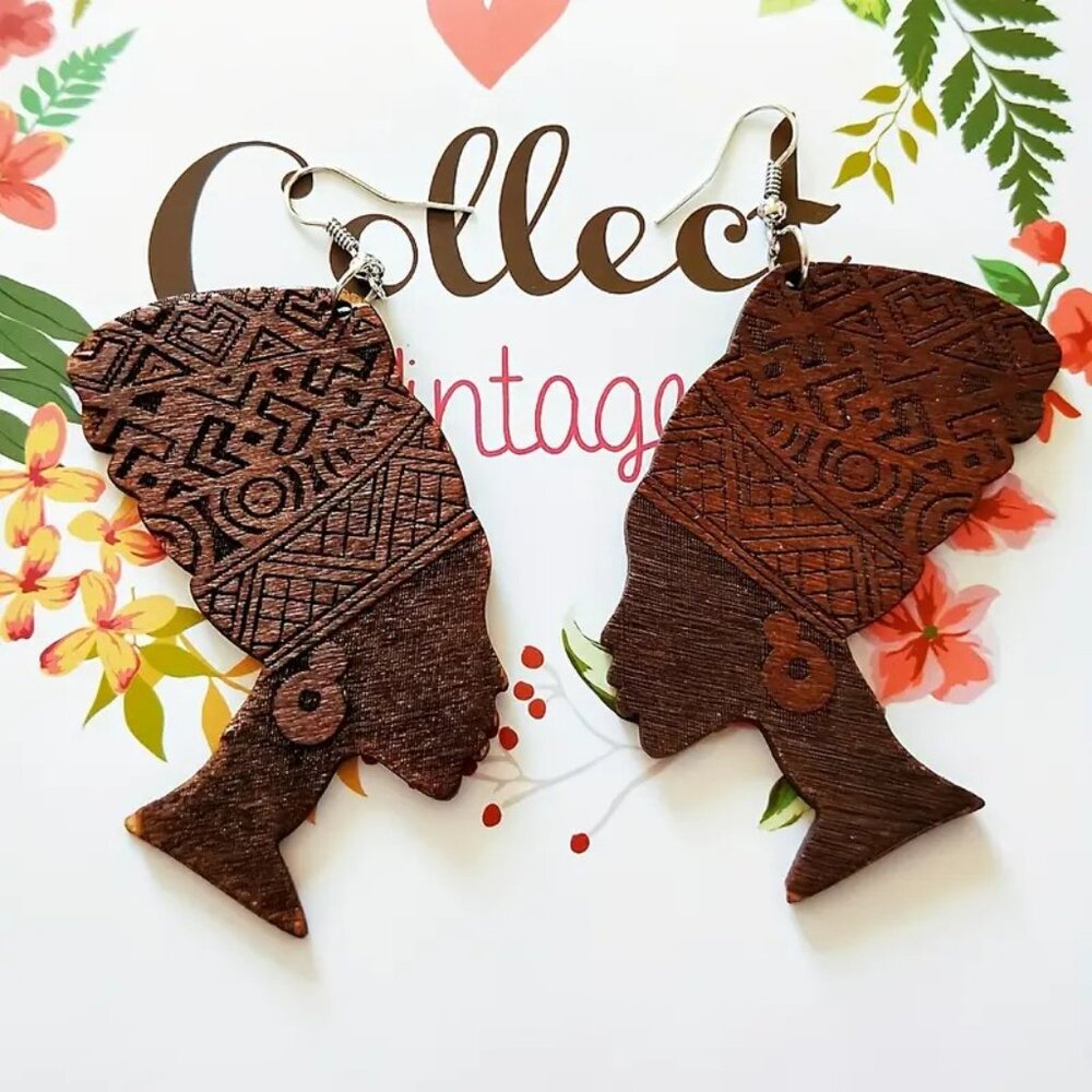 Women’s Brown Retro Ethnic Style Wood Carved African Head Wrap Dangle Earrings